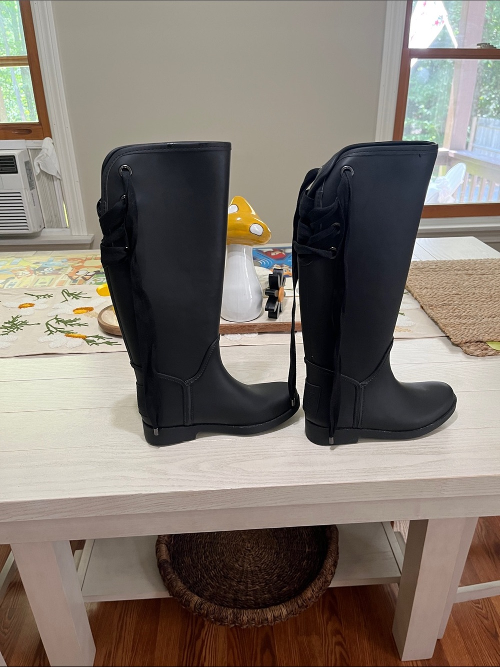 Coach Black Tall Lace-Back Rain Boots